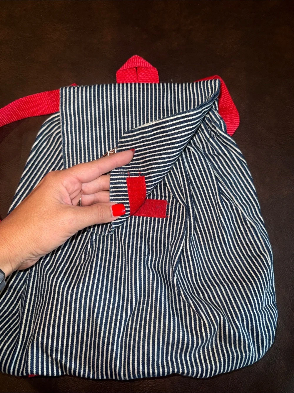 Striped Kids Backpack with Football Patch - Navy & White with Red Accents
